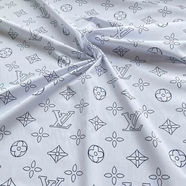 thin white poplin cotton fabric with black louis vuitton print