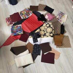 designer fabric scraps including MCM fabrics, fendi fabrics and versace fabrics